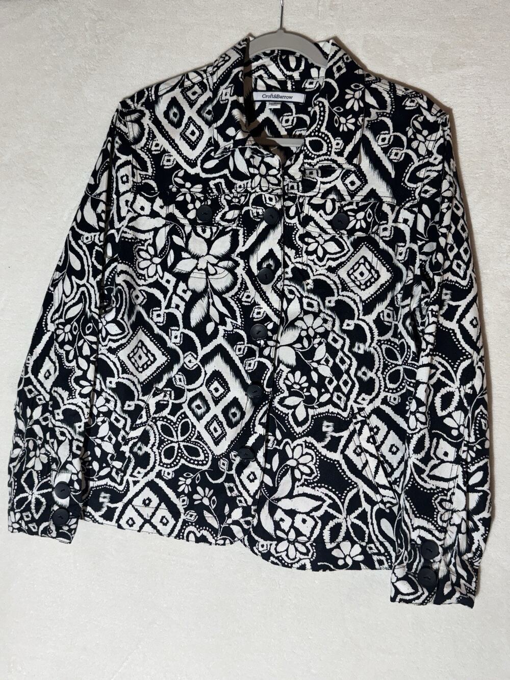 Croft & Barrow Women's Black/White Print Button Up Jacket Size L Long Sleeve